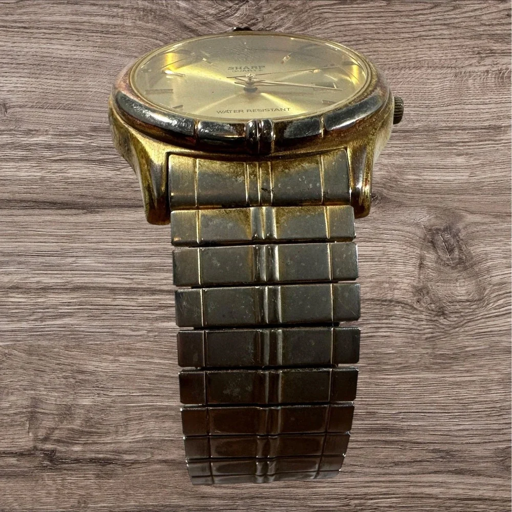 Mens Sharp Quartz Watch Gold‎ Tone Date Japan 246253 377 Stretch Band